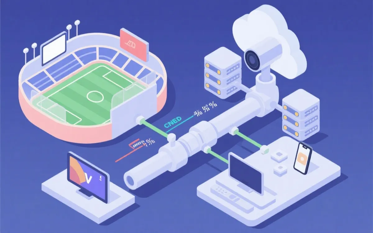 网络传输与视频分发的示意插画：从球场到云端到手机与电视，强调延迟与画质权衡